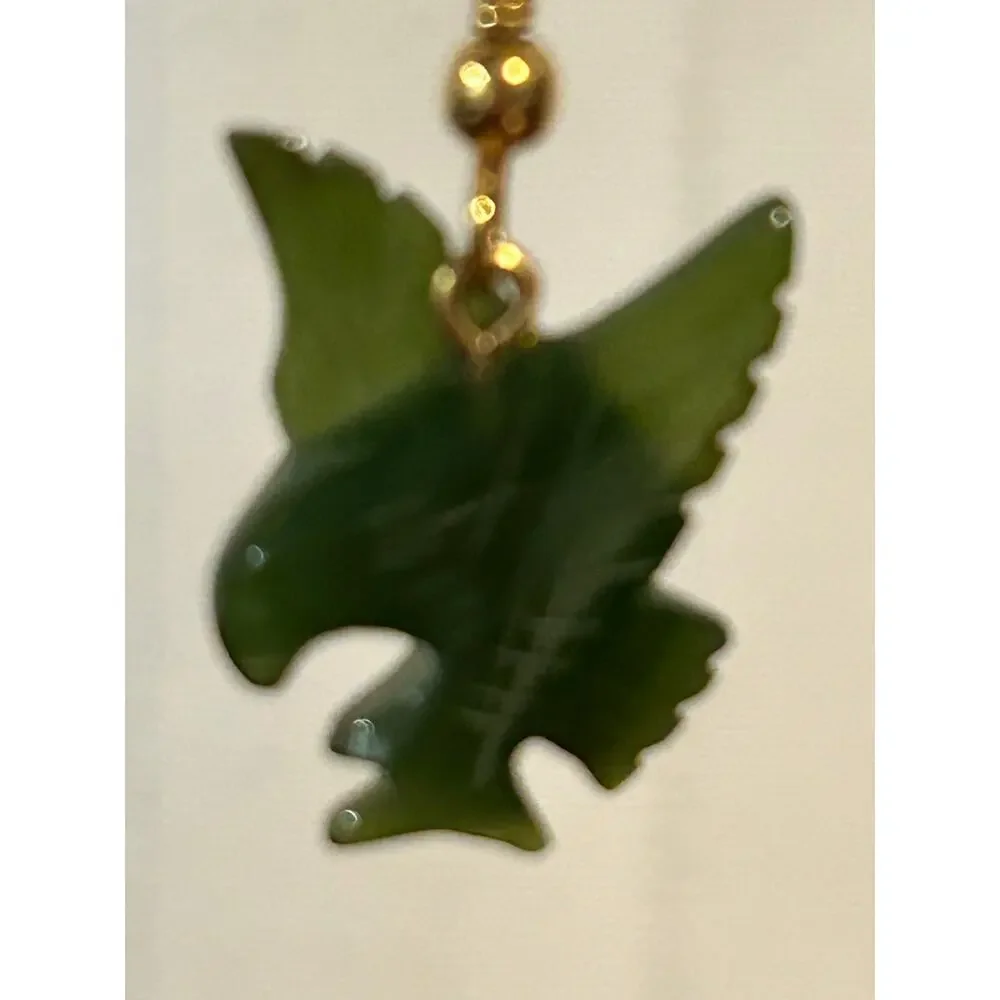 Vintage Hand Carved Green Nephrite Jade Bird of Prey Earrings Dangle Fish Hook